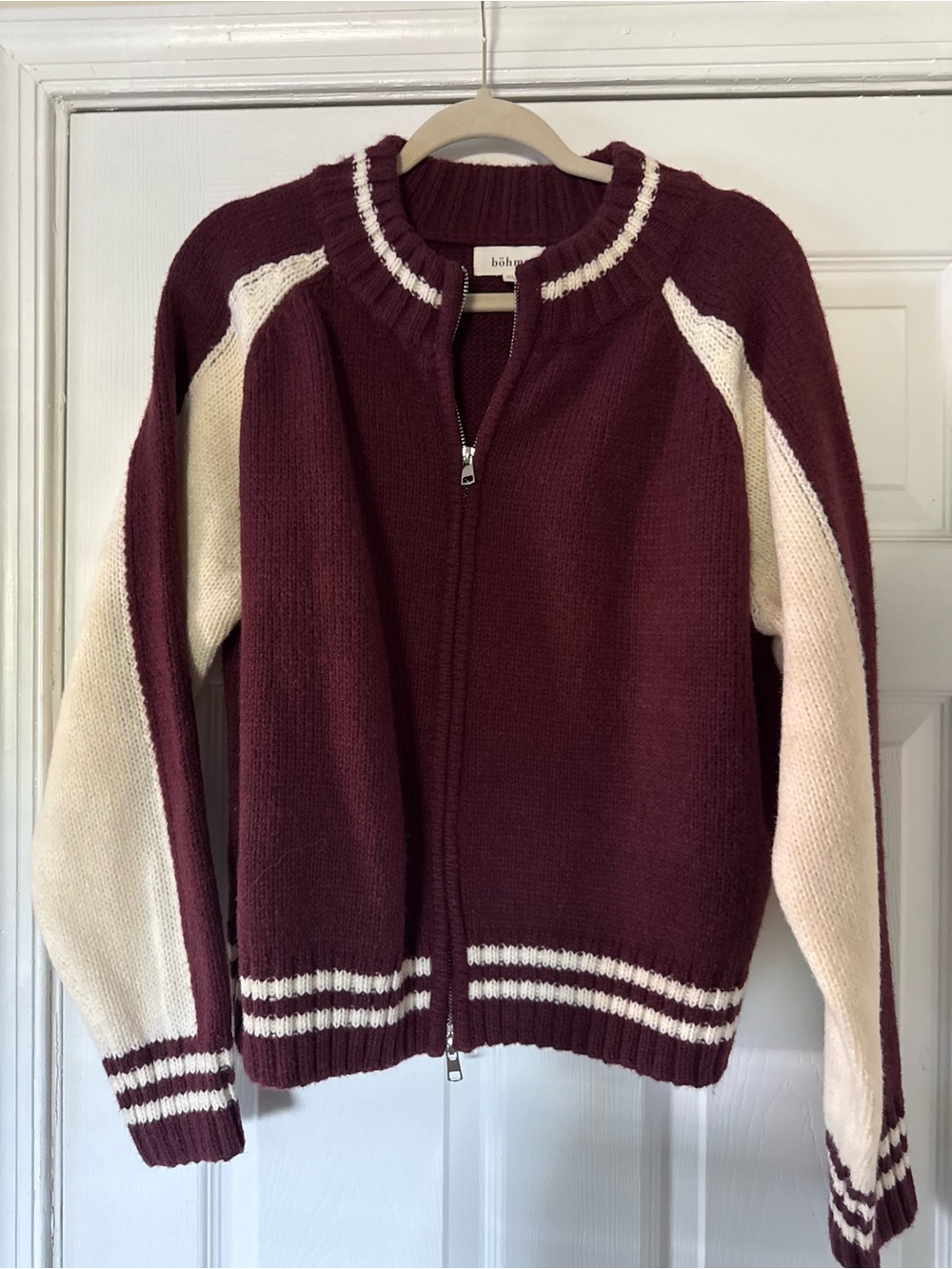 bohme Burgundy and Cream Zip-Front Sweater Cardigan